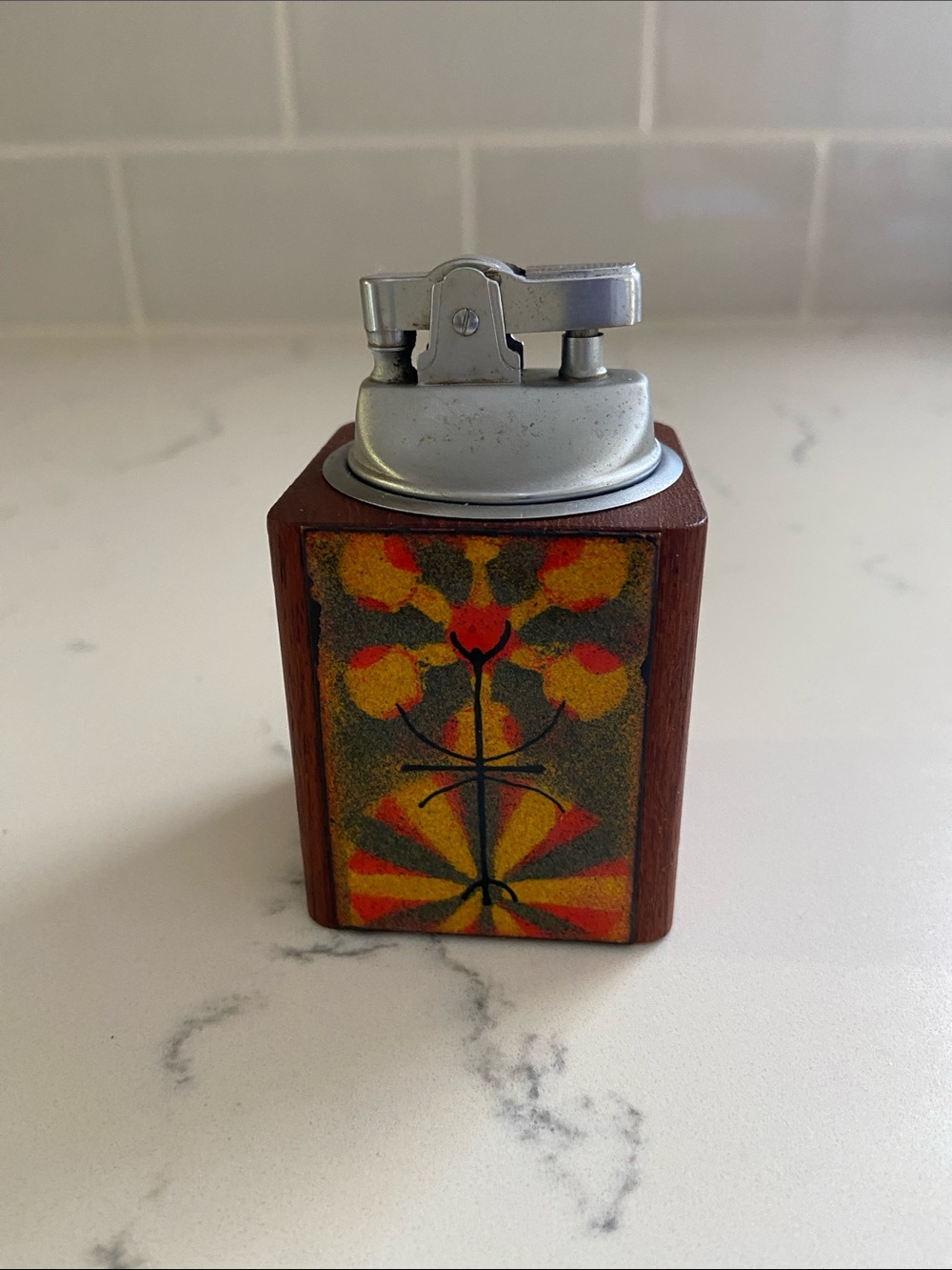 Vintage MCM Wood Table Lighter Floral Folk Art 1960s
